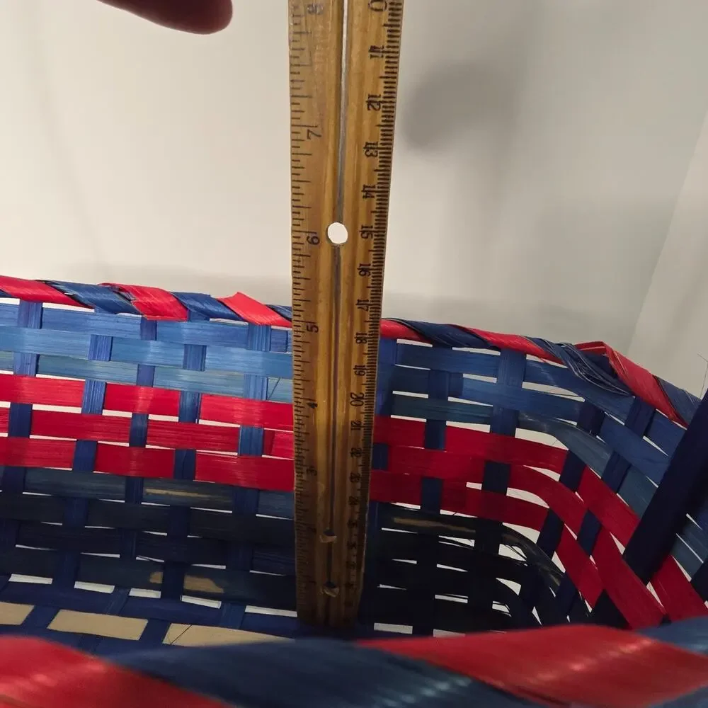 Red Blue Woven Wicker Basket Tall Handle Patriotic Americana Decor